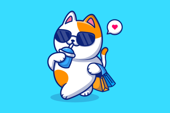Cute Cat Drink and Holding Bag Cartoon Review