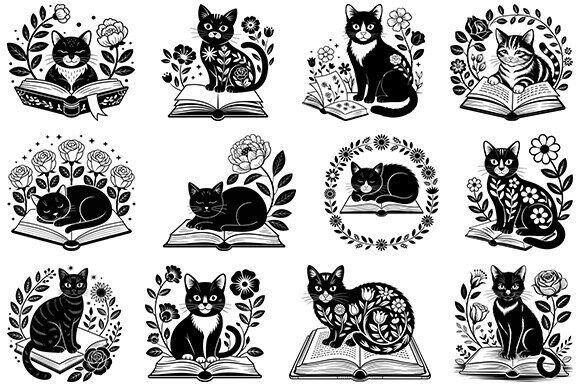 Floral Book Cat Svg,cat Reading Bundle Review